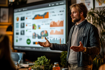 Poster - A man delivers an engaging presentation in a contemporary office, highlighting data on a large screen while the audience listens intently