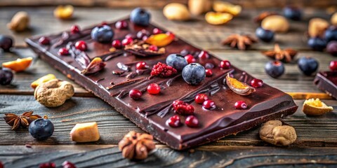 Poster - A Luxurious Chocolate Bar Adorned with Berries, Dried Fruit, and Aromatic Spices on a Rustic Wooden Surface