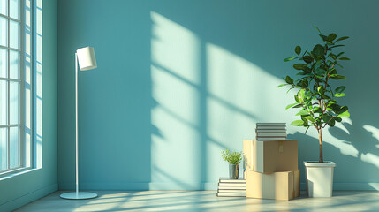 Poster - A cozy room features a floor lamp, potted plant, and neatly stacked boxes, all illuminated by warm afternoon sunlight creating gentle shadows