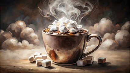 Poster - A steaming cup of hot chocolate topped with fluffy marshmallows sits on a wooden table with sugar cubes nearby.