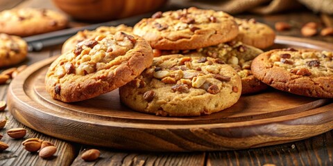 Poster - A close-up of freshly baked nutty cookies on a wooden board, capturing the warm golden brown hues and the enticing aroma of a sweet treat.
