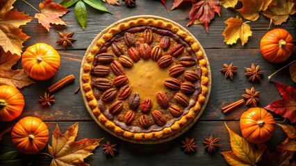 Poster - A Homemade Pecan Pie Surrounded by Autumnal Accents, Including Miniature Pumpkins and Vibrant Fall Foliage