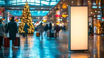 Poster - Travelers carrying luggage walk through a bustling airport decorated with festive lights and a Christmas tree in the background