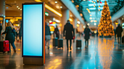Poster - Travelers navigate a lively airport terminal surrounded by holiday decorations and a glowing Christmas tree