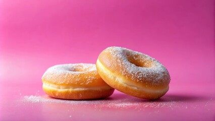 Poster - Sweet, golden donuts with a delicate dusting of powdered sugar, resting on a vibrant pink background.
