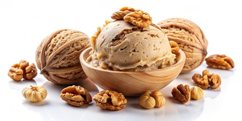 Poster - A scoop of creamy nut-flavored ice cream rests in a wooden bowl, surrounded by whole and broken walnuts, hazelnuts, and a shell of a walnut, suggesting a sweet and nutty delight.