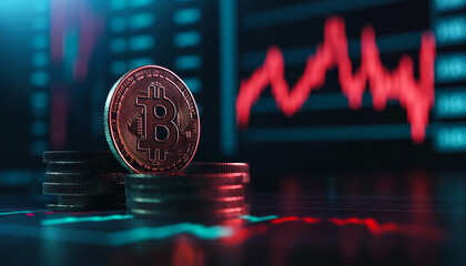 Aufkleber - Bitcoin coin placed on top of stacks with a fluctuating market chart in the background during a trading session