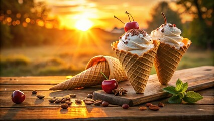 Poster - Vanilla Ice Cream Cones with Cherries and Sprinkles, Sitting on a Wooden Table, with a Sunset in the Background