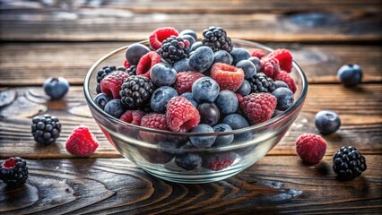 Poster - A Glass Bowl Filled with Fresh Blueberries, Raspberries, and Blackberries on a Rustic Wooden Table
