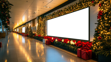 Poster - The airport corridor is adorned with vibrant Christmas decorations, including trees and lights, creating a festive atmosphere in December