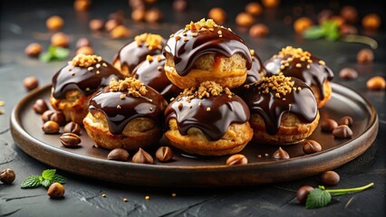 Poster - Chocolate-Covered Pastry Delights with Hazelnut Topping on a Rustic Plate