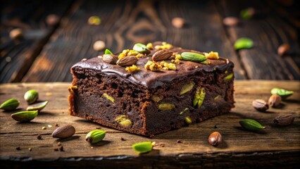 Poster - A Single Piece of Chocolate Brownie Topped with Pistachios and Almonds on a Rustic Wooden Surface