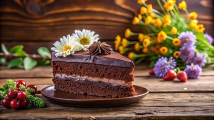 Poster - A single slice of chocolate cake, adorned with delicate white flowers, sits on a brown plate against a backdrop of rustic wood and a vibrant bouquet of flowers, hinting at a sweet celebration.