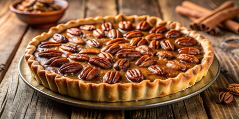 Aufkleber - A golden pecan pie with a flaky crust, glistening with a rich caramel sauce and topped with a generous layer of pecans, rests on a rustic wooden table, inviting you to take a bite.
