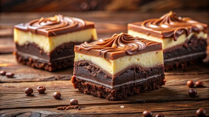 Poster - Layers of Chocolate and Vanilla Cake with Swirled Chocolate Topping on Rustic Wooden Background