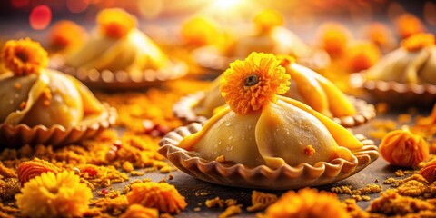 Poster - Golden Pastry Delights Adorned with Vibrant Floral Accents Resting on a Bed of Spiced Crumbs
