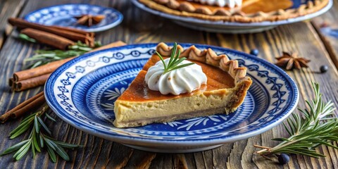 Wall Mural - A slice of pumpkin pie topped with whipped cream and a sprig of rosemary, resting on a blue and white patterned plate on a rustic wooden table, surrounded by cinnamon sticks and sprigs of rosemary.