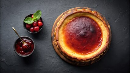 Poster - Creamy cheesecake topped with a glossy red fruit sauce, accompanied by a bowl of fresh berries and a spoon of sauce on a dark background.