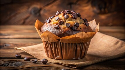 Poster - A freshly baked chocolate chip muffin, sitting on a rustic wooden table, with scattered coffee beans, inviting a moment of indulgence.
