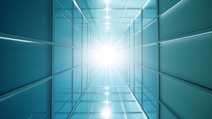 Poster - View of a bright light shining through glass walls in a modern building structure