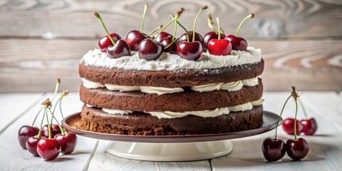 Poster - A three-tiered chocolate cake with a layer of white whipped cream and topped with fresh cherries, dusted with powdered sugar, all resting on a brown and white cake stand