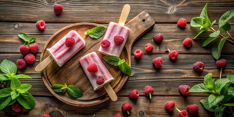 Poster - Refreshing Homemade Raspberry Popsicles on a Wooden Board with Fresh Mint