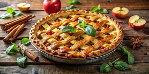 Poster - A freshly baked apple pie with a golden brown crust, decorated with fresh mint leaves and accompanied by cinnamon sticks, apple slices, and star anise, all resting on a rustic wooden surface.