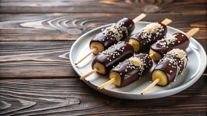Poster - Chocolate Covered Banana Pops with Sesame Seeds on White Plate and Wooden Table