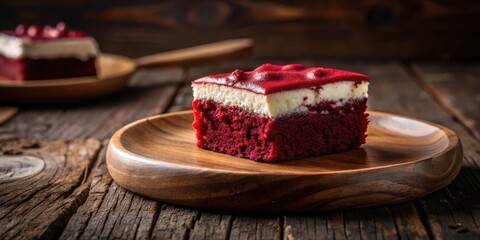 Leinwandbilder - A single piece of red velvet cake with a layer of white frosting and a glossy red glaze on top sits on a wooden plate, ready to be enjoyed.