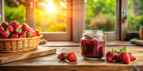 Poster - A jar of homemade strawberry jam sits on a rustic wooden table beside a basket overflowing with ripe strawberries, bathed in the warm glow of the setting sun.