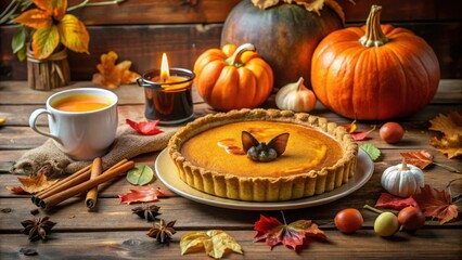 Canvas Print - A rustic autumnal scene featuring a homemade pumpkin pie, a cup of warm tea, cinnamon sticks, and autumn leaves.