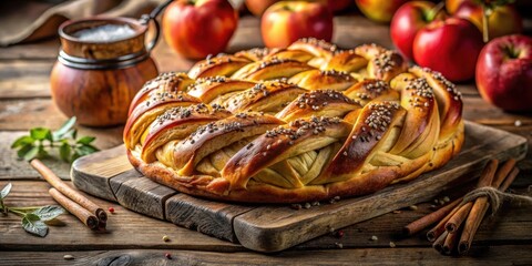 Wall Mural - A golden brown braided bread loaf with a sprinkle of seeds, nestled on a rustic wooden board surrounded by cinnamon sticks and fresh apples.