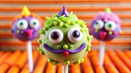 Poster - Smiling Green Monster Cake Pop with Googly Eyes and Purple Tongue, Surrounded by Blurred Similar Treats on a Striped Orange and Brown Background