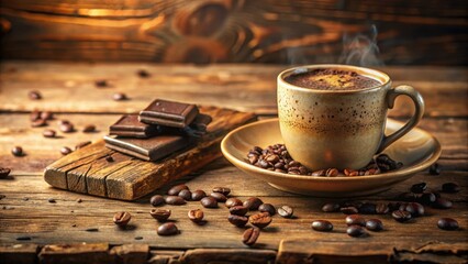 Poster - A steaming cup of coffee with a chocolate bar resting on a wooden surface surrounded by coffee beans