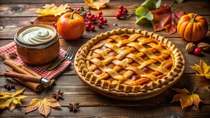 Wall Mural - A freshly baked pumpkin pie, with a golden-brown crust and a lattice top, sits on a wooden table surrounded by fall decorations, including pumpkins, leaves, cinnamon sticks, and star anise.