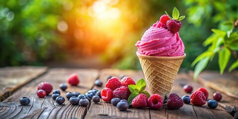 Poster - A scoop of pink ice cream in a waffle cone with fresh raspberries and blueberries on a rustic wooden table in a lush green garden