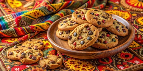 Aufkleber - A stack of chocolate chip cookies with colorful sprinkles, arranged on a wooden plate, against a vibrant backdrop of colorful fabric