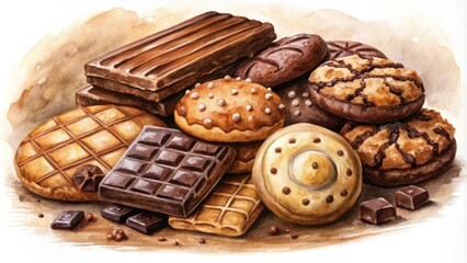 Poster - A watercolor illustration featuring a delightful assortment of chocolate bars and cookies, perfect for a sweet treat or a delectable dessert