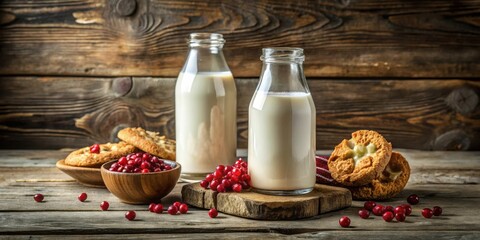 Poster - A rustic still life featuring two glass bottles of milk, a bowl of cranberries, and homemade cookies on a wooden table
