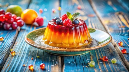 Poster - A vibrant orange and red layered dessert with fresh berries and a mint garnish, presented on a blue plate with sprinkled powdered sugar, resting on a rustic blue wooden table.
