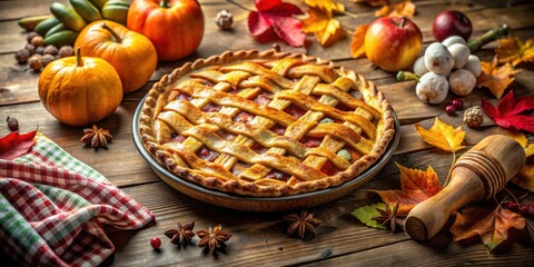 Poster - A Rustic Autumnal Table Setting Featuring A Deliciously Baked Pie, Vibrant Fall Foliage, and Freshly Harvested Pumpkins