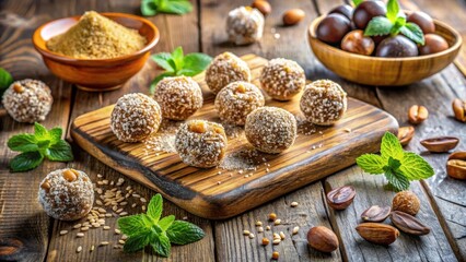 Poster - Homemade Nutty Sweet Treats on Rustic Wooden Surface with Fresh Mint Sprigs