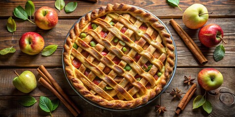 Poster - A perfectly baked apple pie with a lattice crust, surrounded by fresh apples and cinnamon sticks on a rustic wooden table