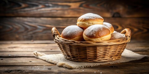 Aufkleber - A wicker basket filled with freshly baked, dusted, and fluffy pastries sits on a rustic wooden table.