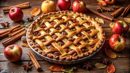 Poster - A freshly baked apple pie with a golden crust, surrounded by cinnamon sticks, star anise, and autumn leaves, ready for a delightful dessert.