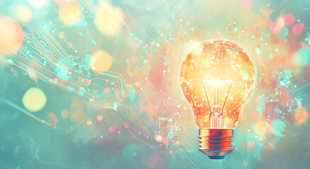 Poster - Bright light bulb glowing amidst a colorful digital background representing innovation and creativity