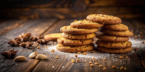 Wall Mural - A close-up view of a stack of freshly baked cookies, with a dusting of powdered sugar and a few scattered star anise pods on a rustic wooden surface.