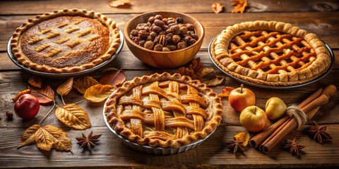 Poster - A Rustic Autumn Table Display Featuring Delicious Homemade Apple Pies, Cinnamon Sticks, and Star Anise Surrounded by Golden Fall Leaves