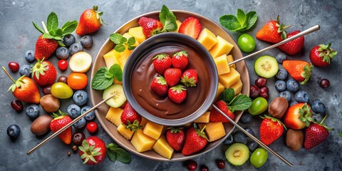 Poster - A decadent chocolate fondue with fresh fruit for dipping, including strawberries, pineapple, kiwi, and blueberries