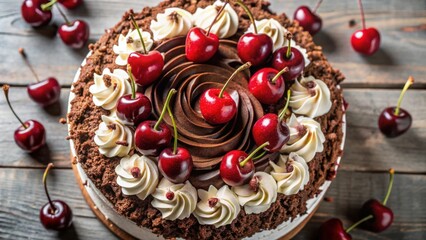 Poster - A decadent chocolate cake adorned with a swirl of rich ganache, topped with fresh cherries and delicate swirls of whipped cream.